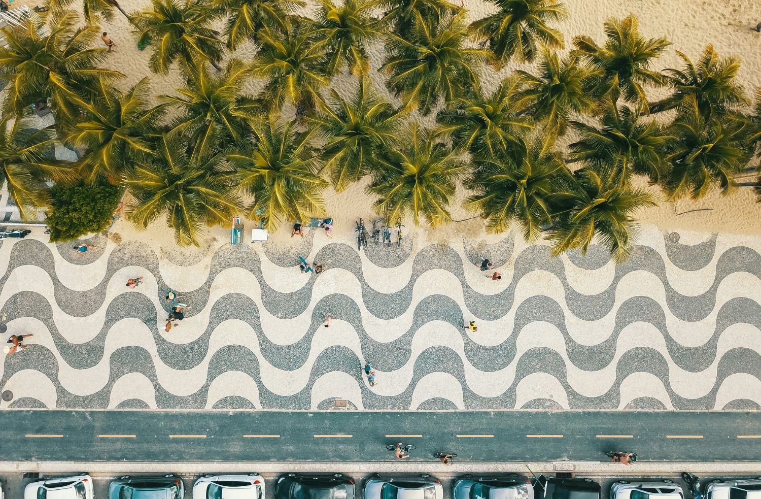 Aerial view of Copacabana Beach's mosaic promenade in Rio de Janeiro